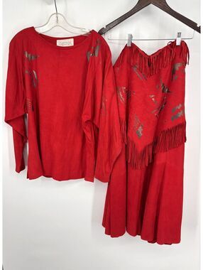 VTG 80s Medium Osuna Santa Fe Red Suede 3-pc Skirt Set Western Leather Fringe